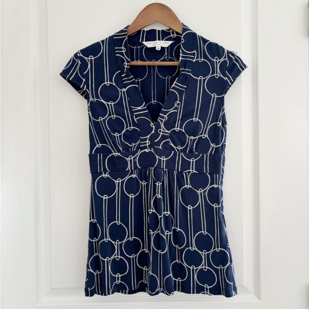 Trina Turk Geometric Print Silk Blouse 4 Blue